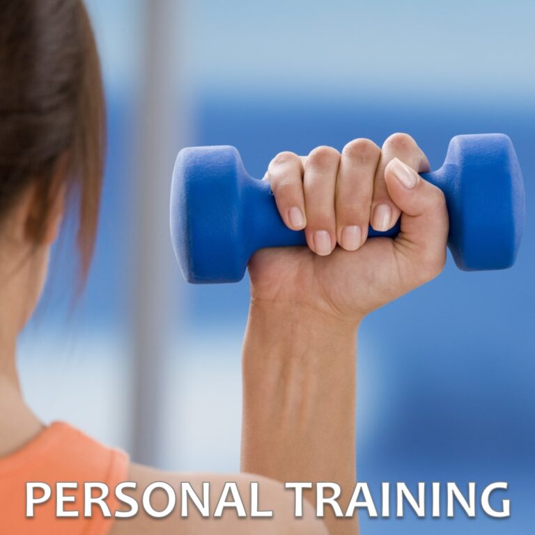 Woman facing away from the camera, holding a dumbbell and doing a bicep curl, overlaid by the words, "Personal Training"